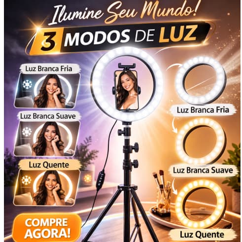 Ring Light Led Iluminador 26cm 10/12 Polegadas Para Fotos e Videos Compatível Para Tripé 210cm