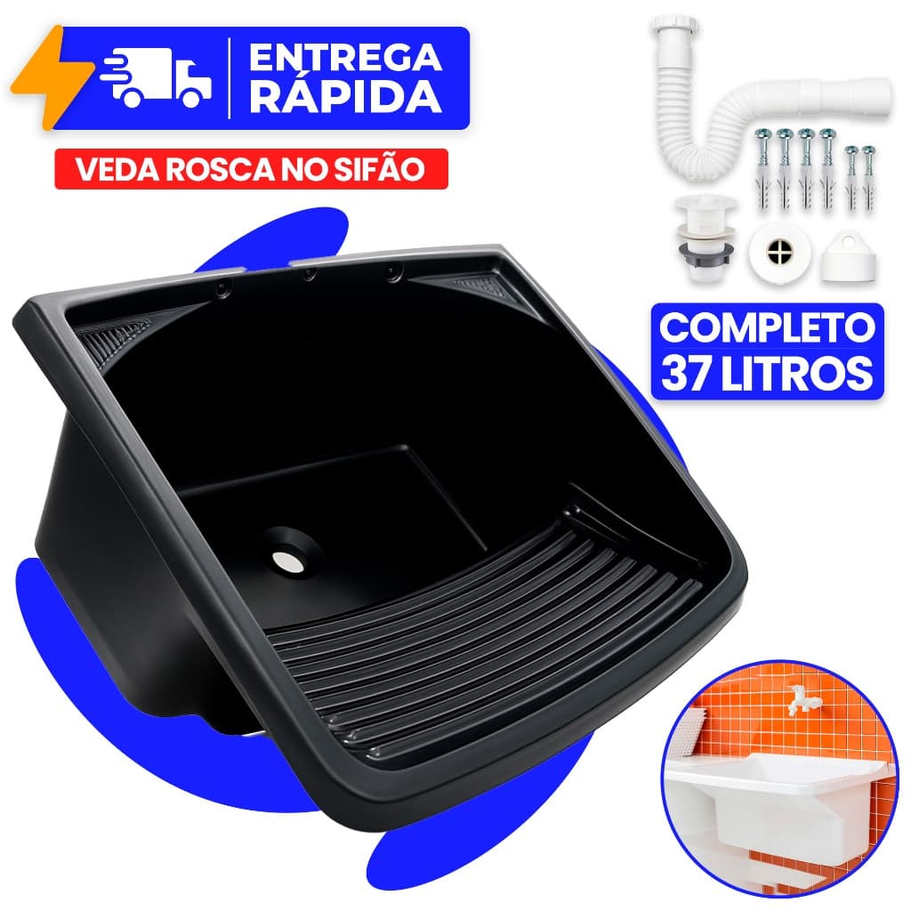Tanque 37L com Kit Instalação Completo Sifão Veda Rosca Pia Lavanderia Lavar Roupa Reforçado Metasul