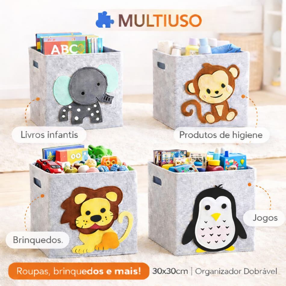 Caixa Organizadora Dobrável Feltro 35x35 | Cesto para Brinquedos Infantil Estampa Animais Linda Top