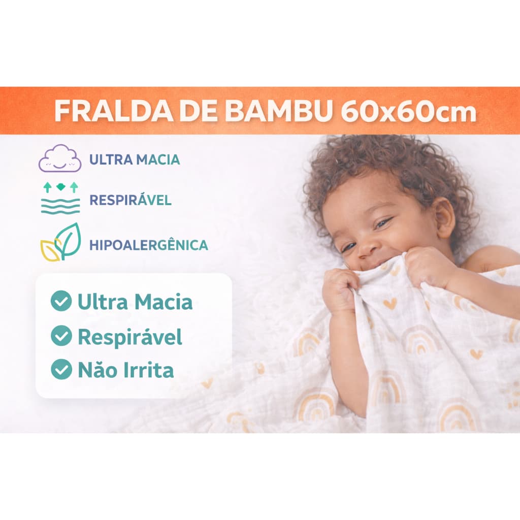 Fralda de Algodão de Bambu Super Macia 60x60cm Musselina Respirável Não Irrita a Pele do Bebê