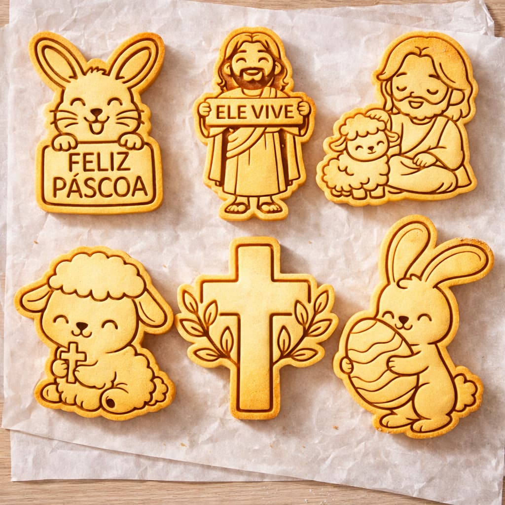 Kit 6 Cortadores e Marcadores 3D Páscoa Religioso Coelho Jesus Cruz Cookie Biscuit Pasta Americana PLA