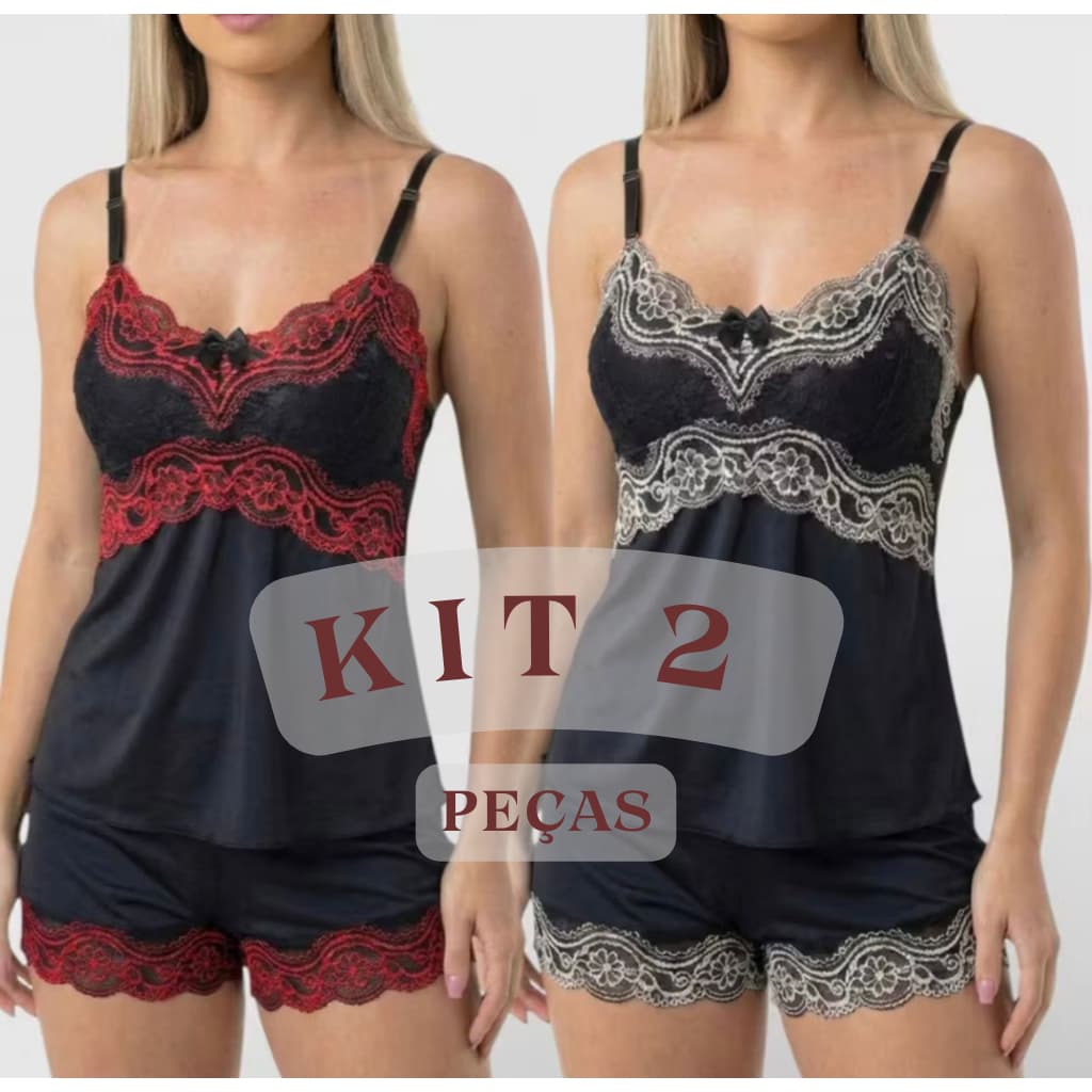 Kit 2 Baby Doll Renda Bicolor Romantico Conforto Presente Feminina