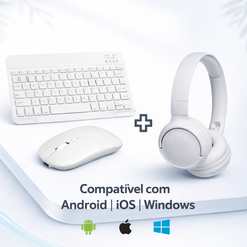 BRANCO - Kit Fone de Ouvido Bluetooth Tune 510 + Conjunto Teclado e Mouse Sem Fio