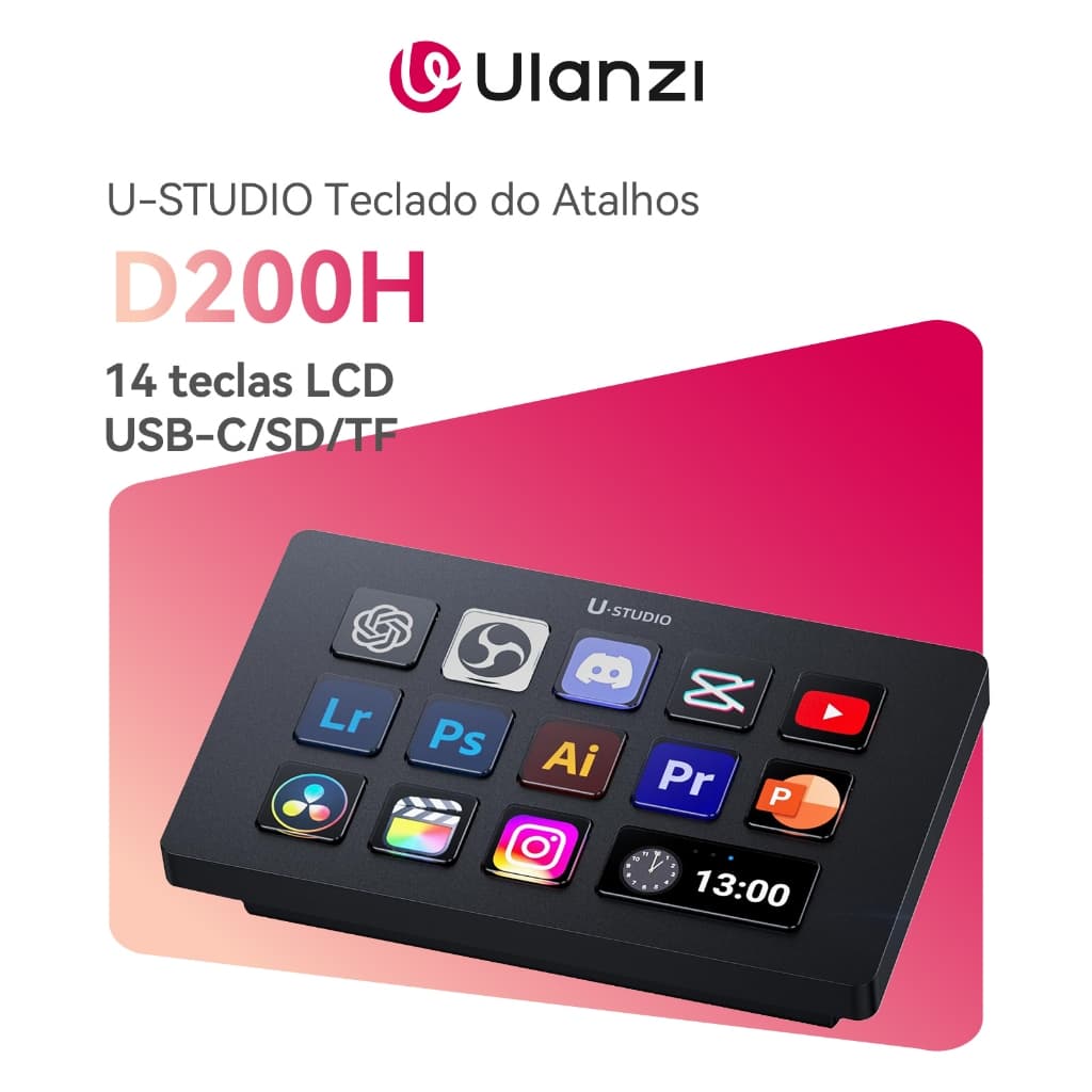 ULANZI D200H 7 em 1 Deck U-Studio Stream Teclado controlador 14 teclas LCD, USB-C/SD/TF Para PC/Mac