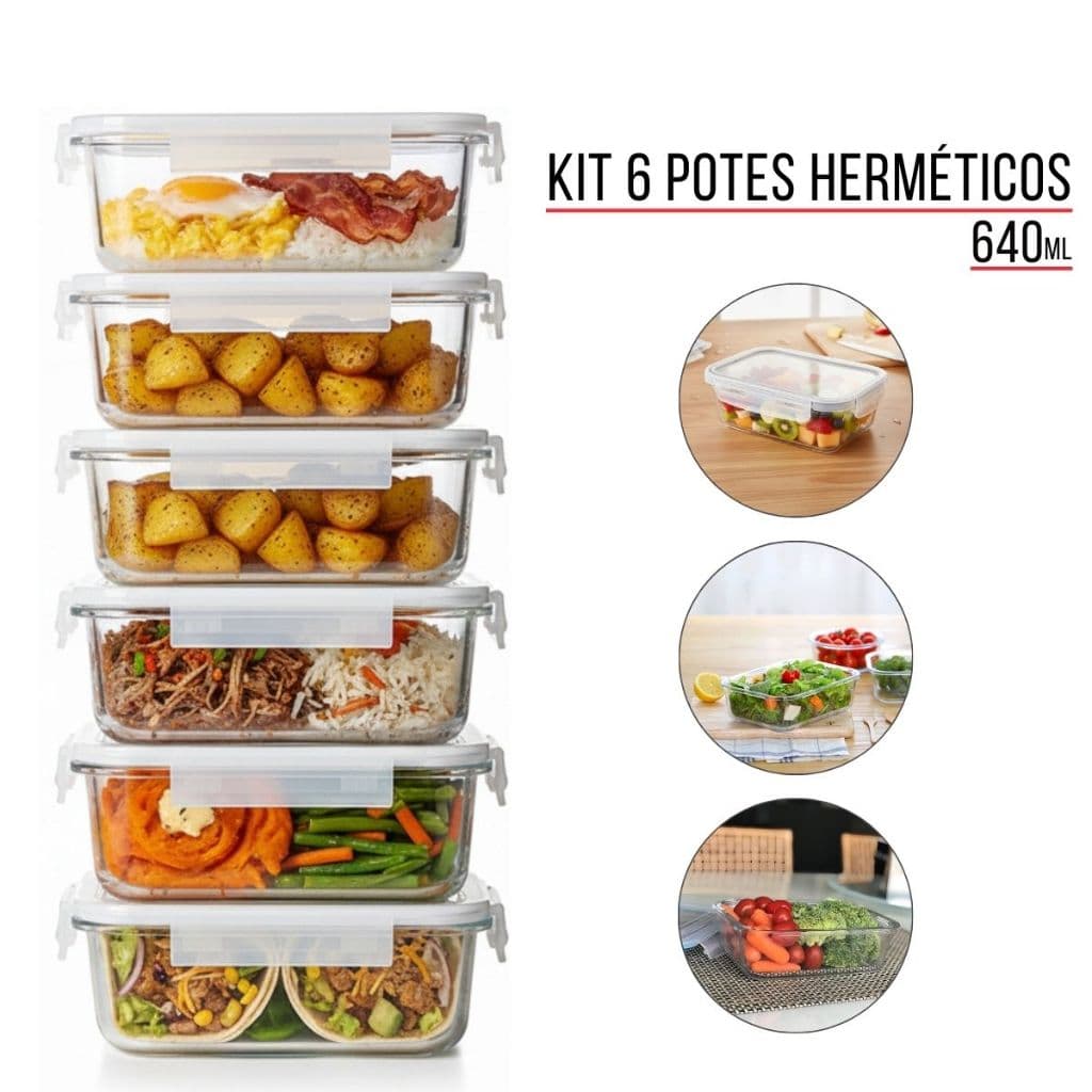 Kit 1, 2 ou 6 Pote Hermético 640ml Vidro Ideal para Marmitas Micro-ondas e Forno Tampa com 4 Travas