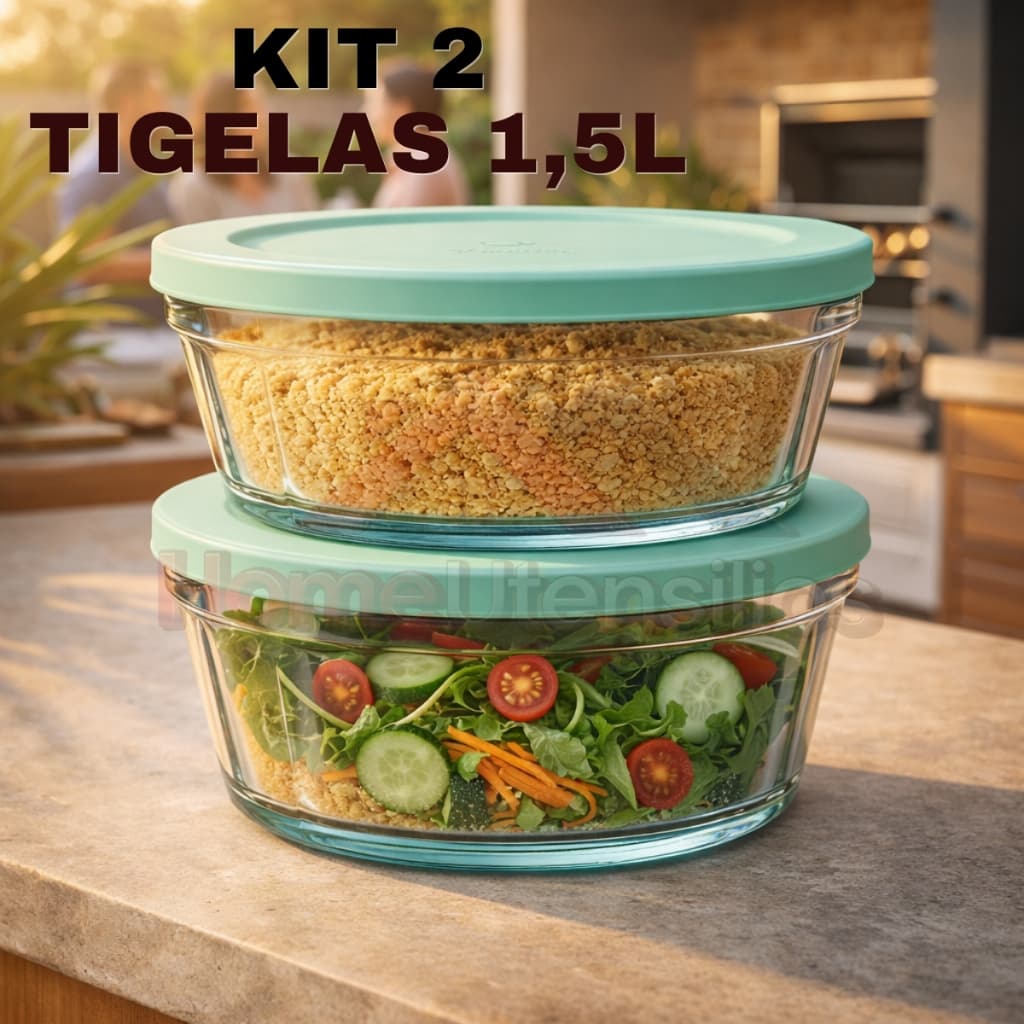 Kit 2 Potes Tigela De Vidro Saladeira Com Tampa 1,5 Litros