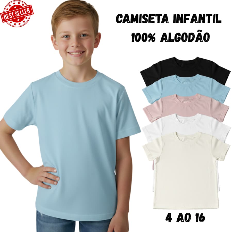 Camiseta Básica Menino Infantil 100% Algodão - Lisa Premium Unissex Uniforme Presente Viagem Passeio