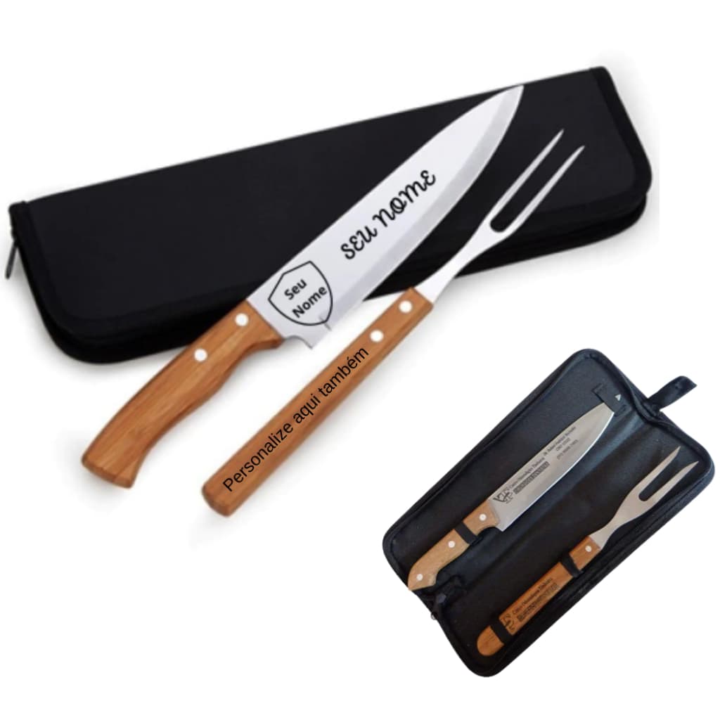Kit Churrasco Personalizado 2 Peças Faca e Garfo com Estojo | Gravação a Laser Profissional