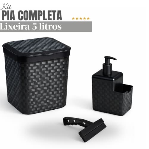 Lixeira de Pia Preto 3 Peças – Lixeira 5L + Rodinho + Porta Detergente e Sabonete KIT