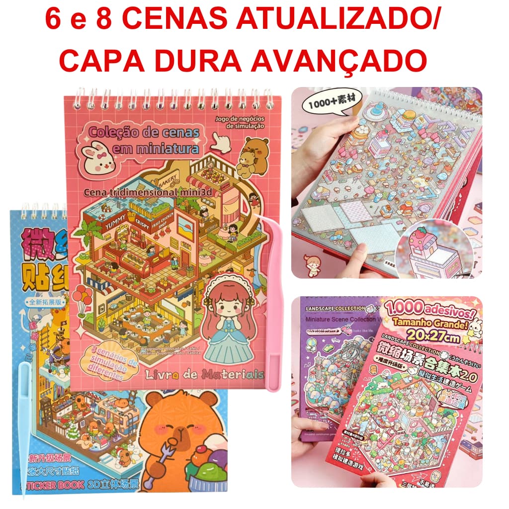 Caderno De Adesivos Cenas Interativo Livro 3d 6 ou 8 Cenários + Pinça Mini Mundo Capa Dura E Fina