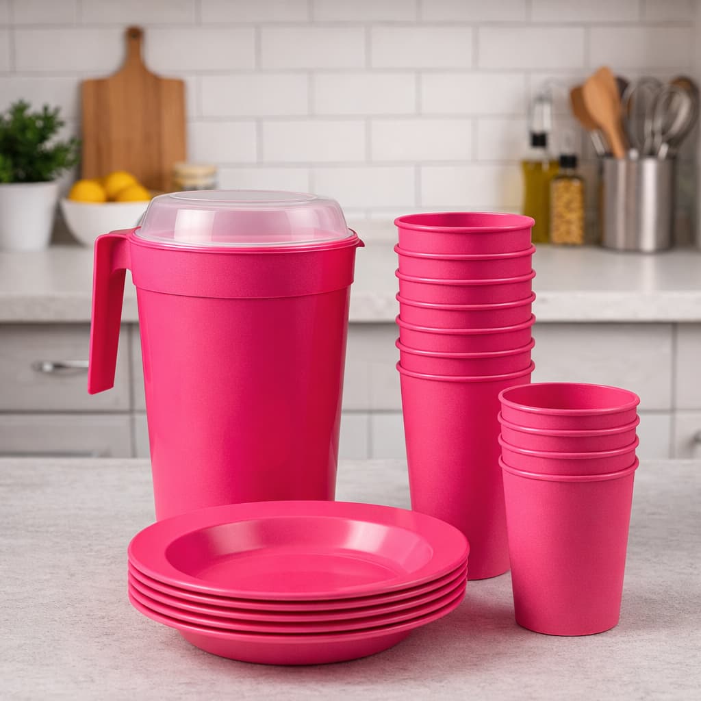 Kit 5 Pratos + 5 Copos com Opção de Jarra 1,8L | Plástico Reutilizável e Sustentável