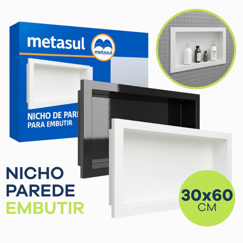 Nicho de Parede Embutir 30x60cm Banheiro e Cozinha Porta Shampoo Multiuso Retangular Branco