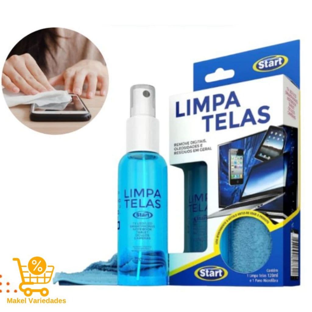 Limpa Telas 120ml + Pano Microfibra – Remove Manchas de Celular e Notebook
