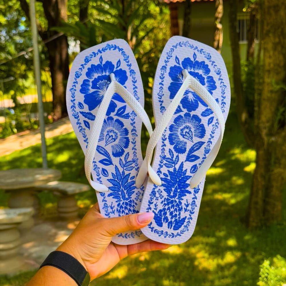 Chinelo Feminino Casual Florais Azulejo Promoção Quadrado Moda Verão