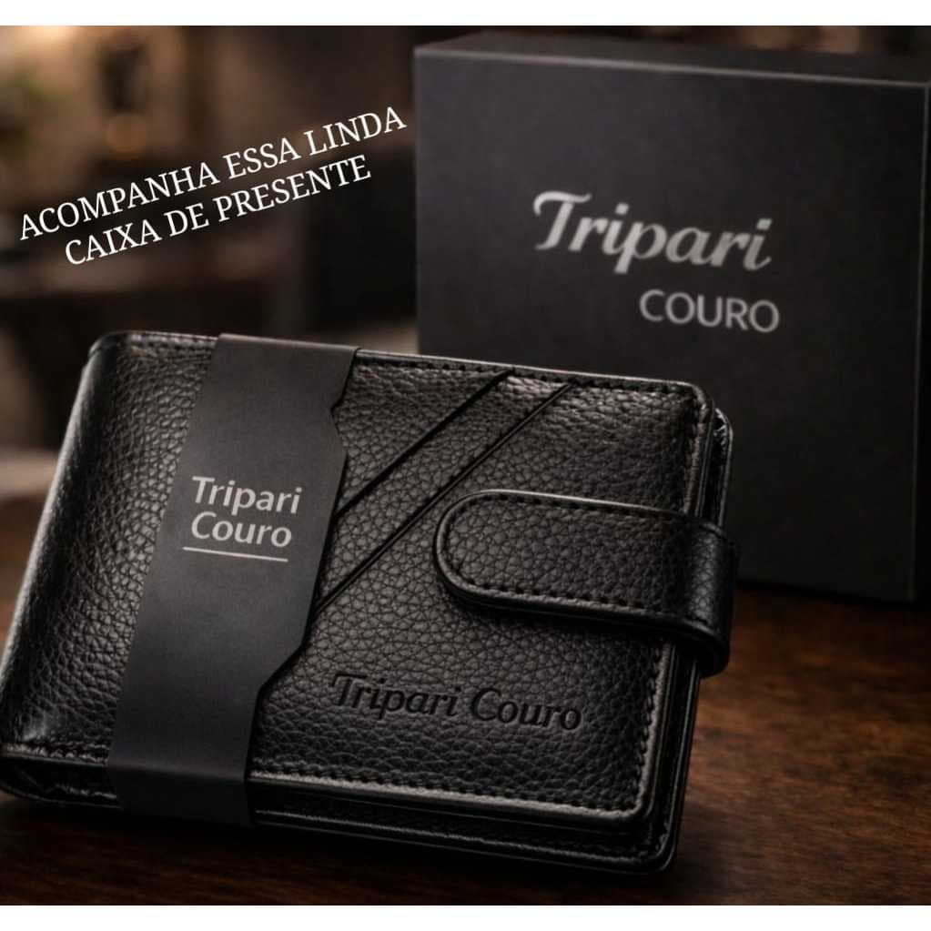 Carteira masculina Couro Legítimo Tripari Couro Completa com caixa Porta Moedas Couro Premium Ref202