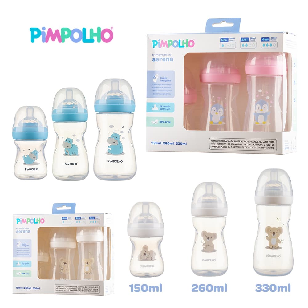 Kit 3 Mamadeiras Serena 150/260/330ml Anticólica do Bebê Pimpolho
