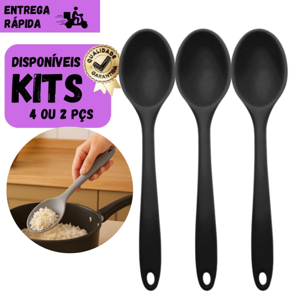 Kits 4 ou 2 Colheres de Silicone Preta Resistência ao Calor Antirrisco Cozinha Utensílio Durável