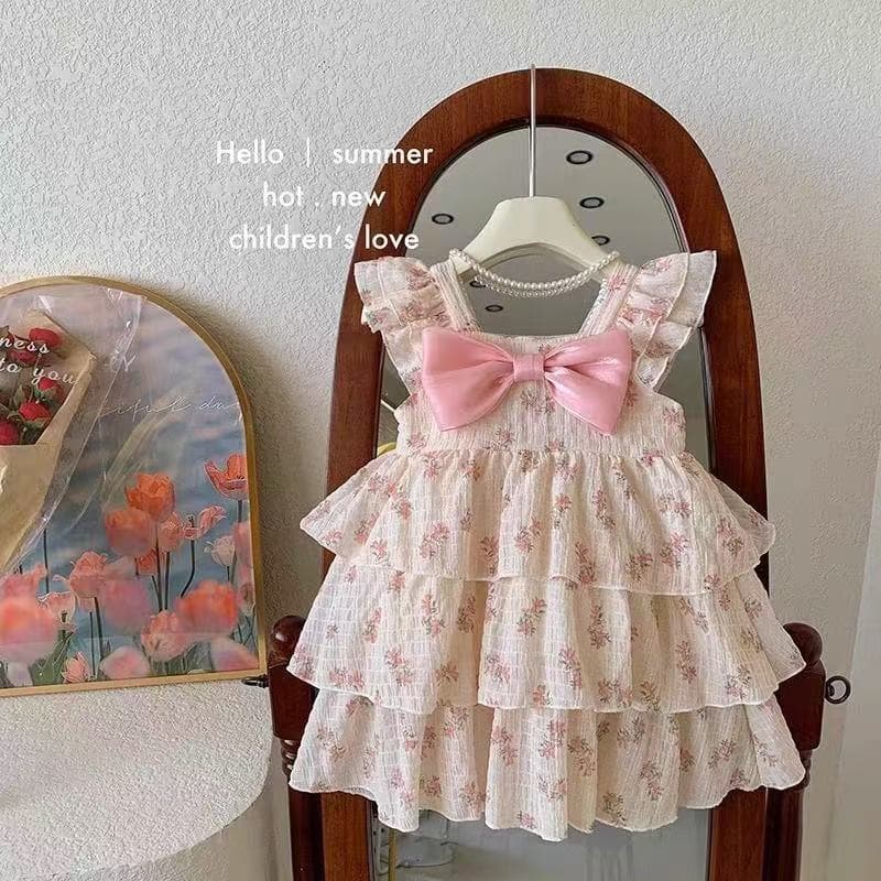 Vestido de Princesa Moderno em Algodão Crinkle Estampa Floral Rosa Manga Bufante Laço Grande Saia Rodada Doce Verão