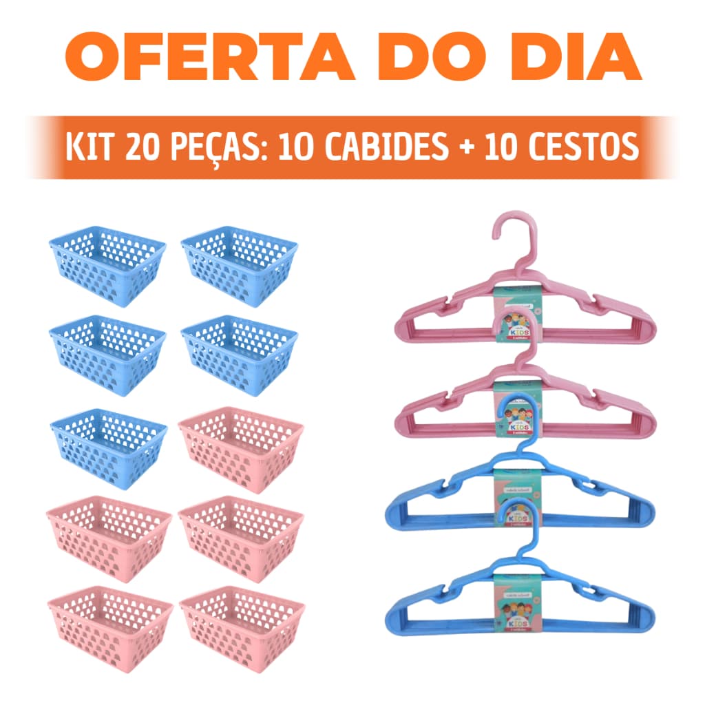 Kit 10 Cestinha Organizadora + 10 Cabides Infantil - Rosa, Azul ou Branco