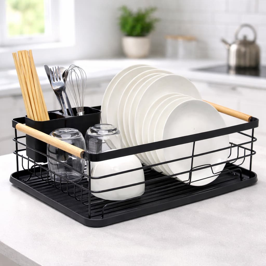 Rack Preto Escorredor Organizador de Louças Moderno Pratico Bandeja Bamboo Porta Talheres