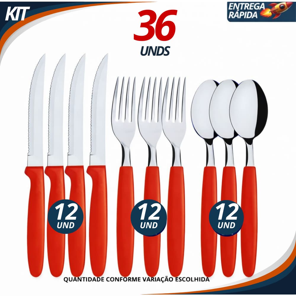 Conjunto de Talher 12/18/36 Peças Vermelho Inox Premium Para Casa Cozinha Festas Restaurantes