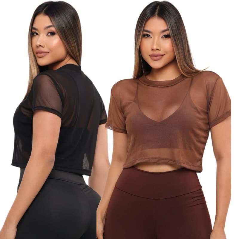 KIT 2 Cropped de Tule Fitness transparente academia Crossfit corrida blusinha de tule