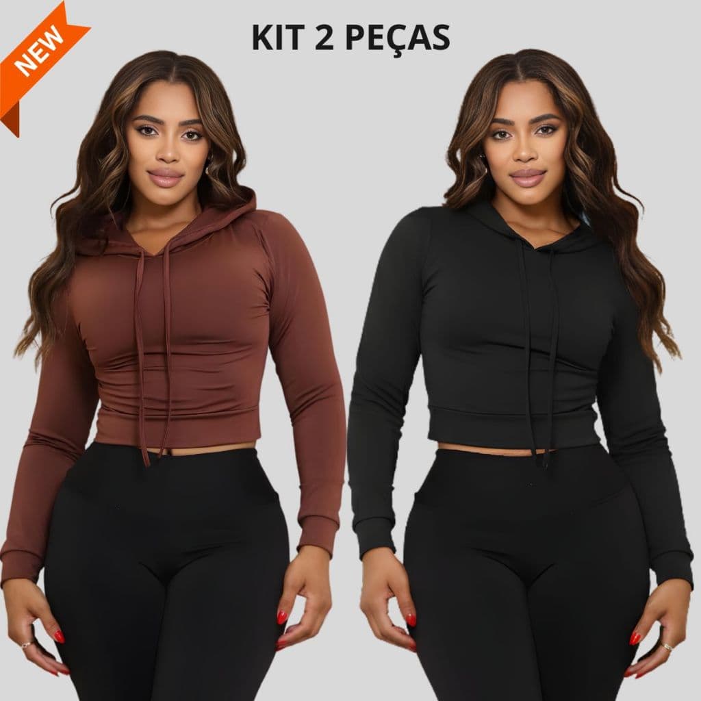 Kit 2 Croppeds Femininos com Capuz e Manga Longa Moda Inverno Confortável Look Casual