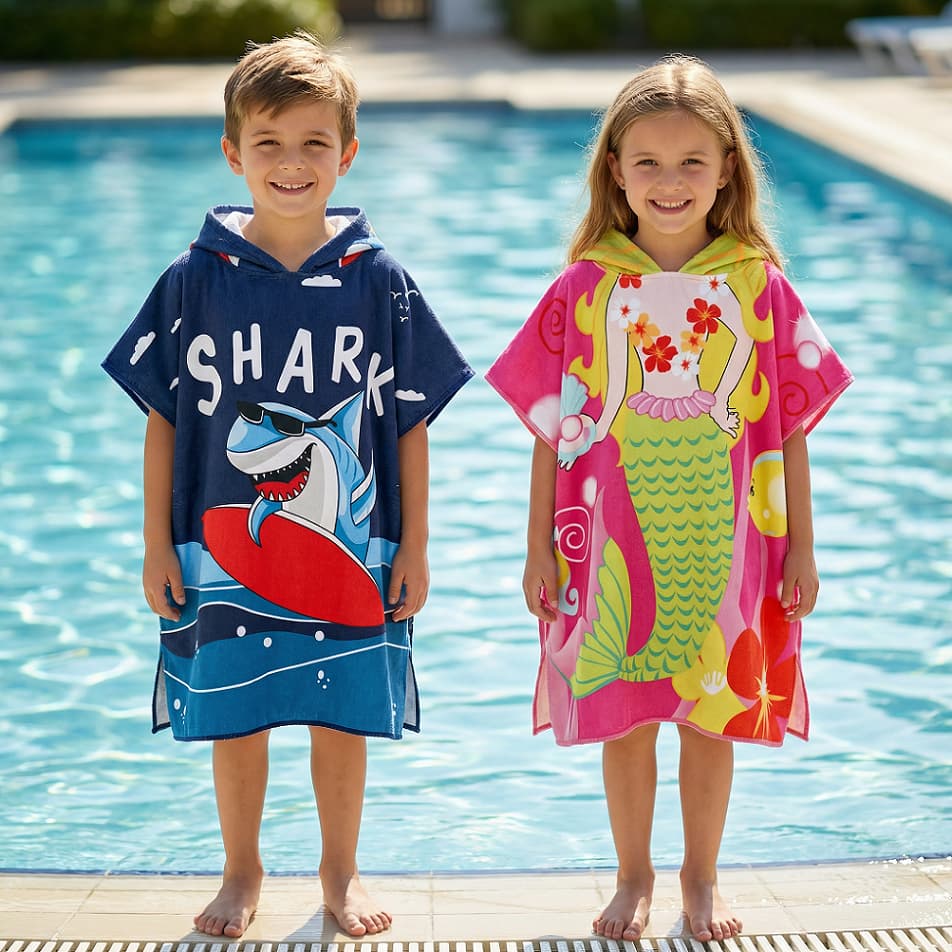 Roupão Atoalhado Infantil Poncho Secagem Rápida com Capuz Praia e Piscina