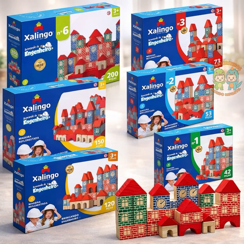 Brinquedo Educativo Brincando De Engenheiro Bloco BLOQUINHOS Construção Madeira Montar Infantil Criança CASINHA Xalingo