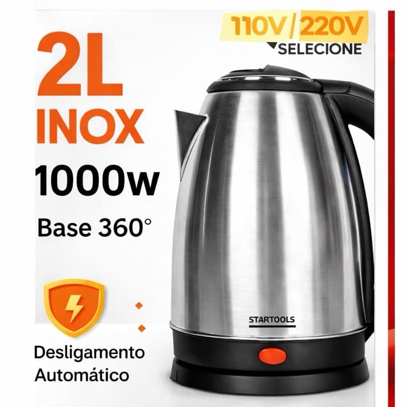 Chaleira Elétrica Inox 2L 1000W Base Giratória Automática Água Quente Rápida - 220V ou 110V