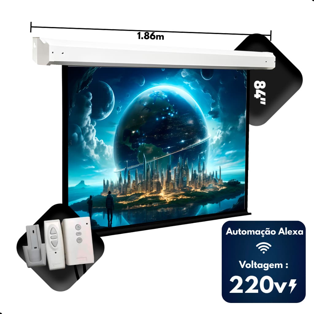Tela De Projeção Elétrica 84 Polegadas 220v Retratil Com Controle Remoto Automação Com Alexa