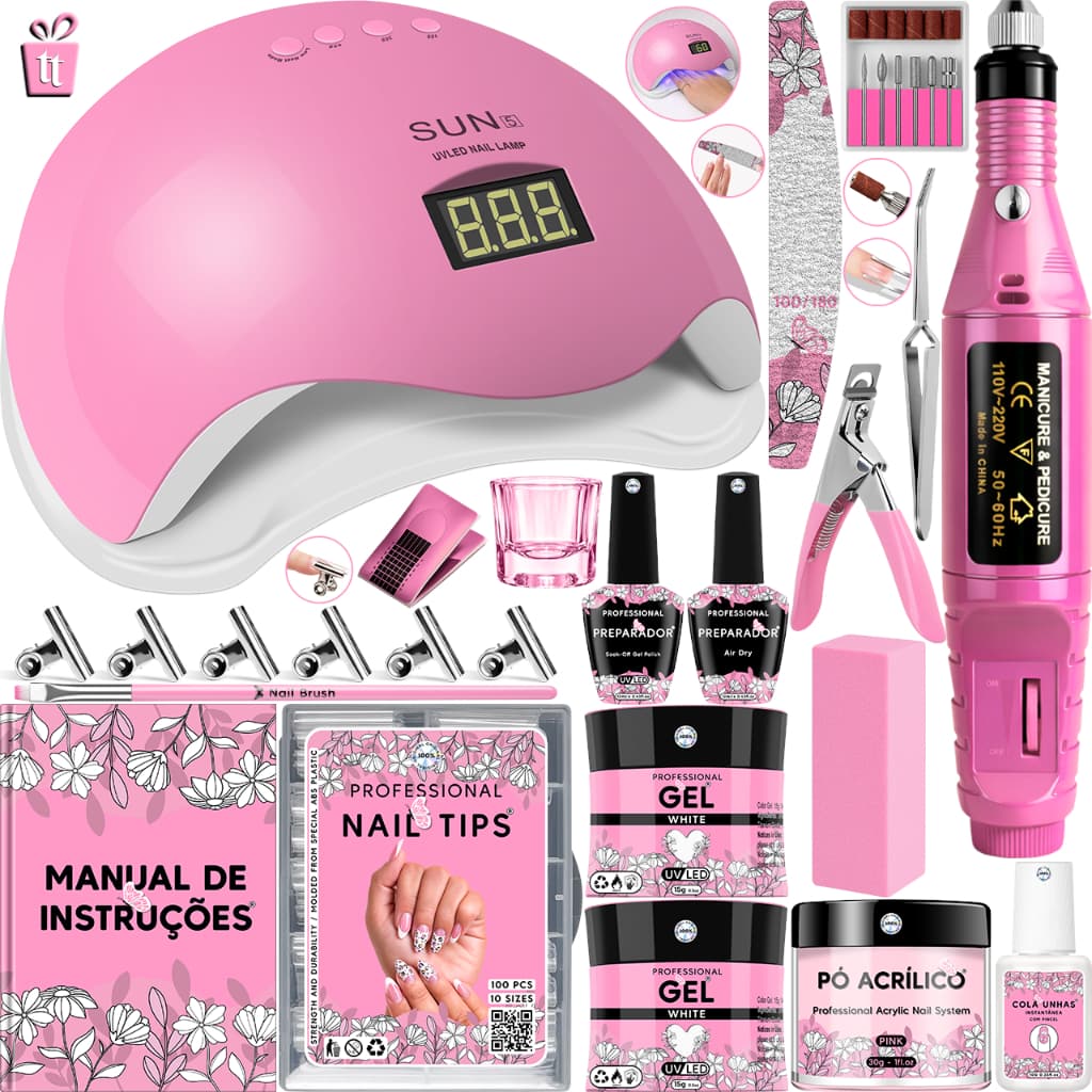 Kit Unha Gel Completo Cabine Sun 5 48W Lixadeira Caneta Pedicure e Manicure Alongamento Extensão Unhas Porcelana Acrigel