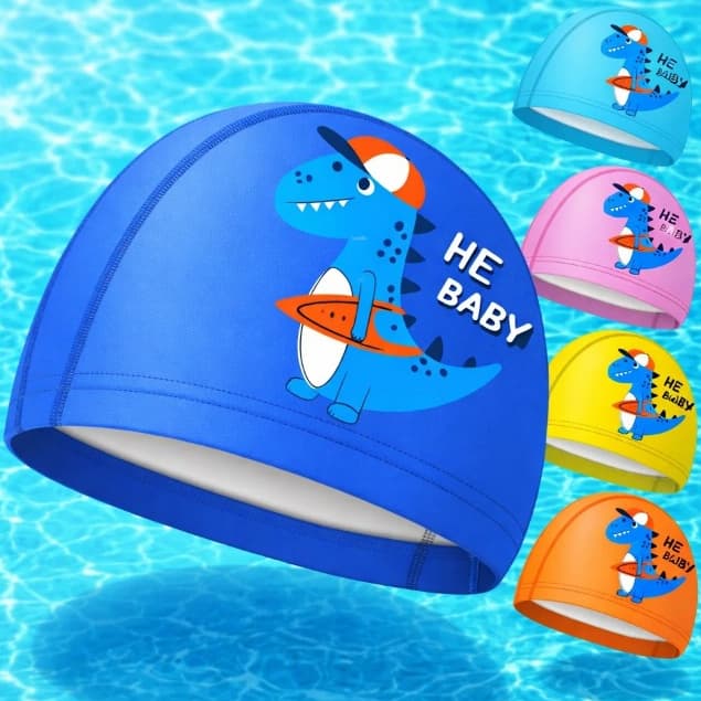 Touca Natação Infantil Unissex Treino Profissional Piscina Desenho Dinossauro