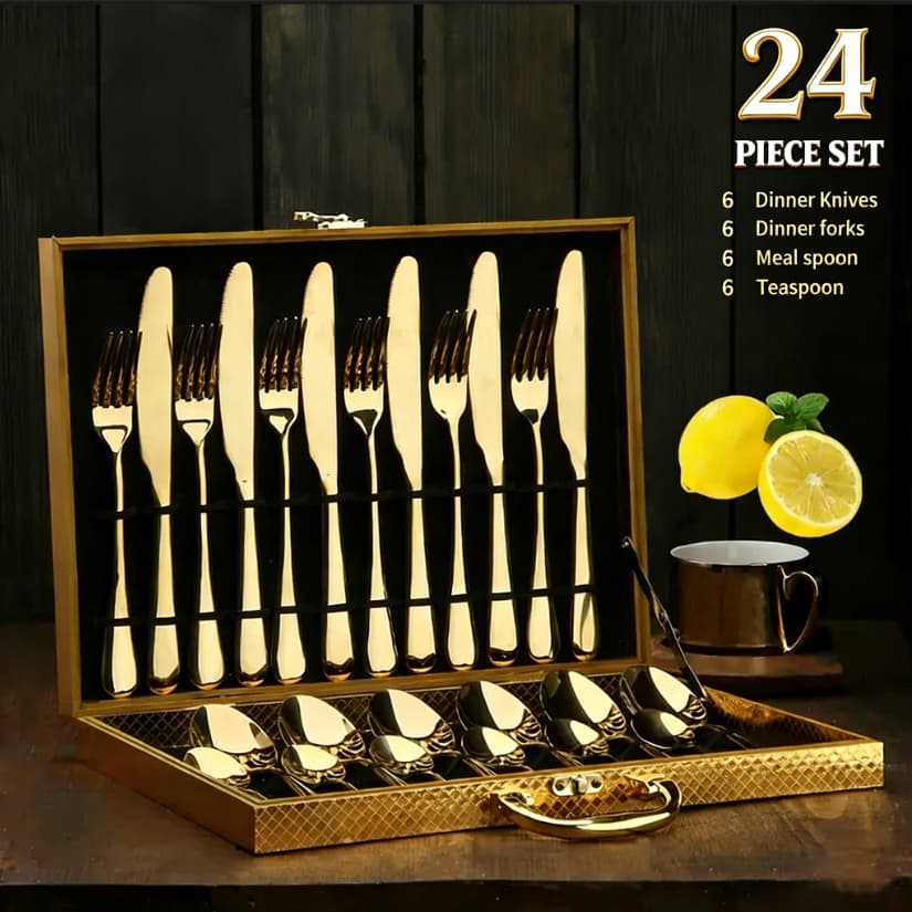 Jogo Talheres 24 Peças Faqueiro  Dourado Aço Inox Premium Luxo cozinha Com Maleta