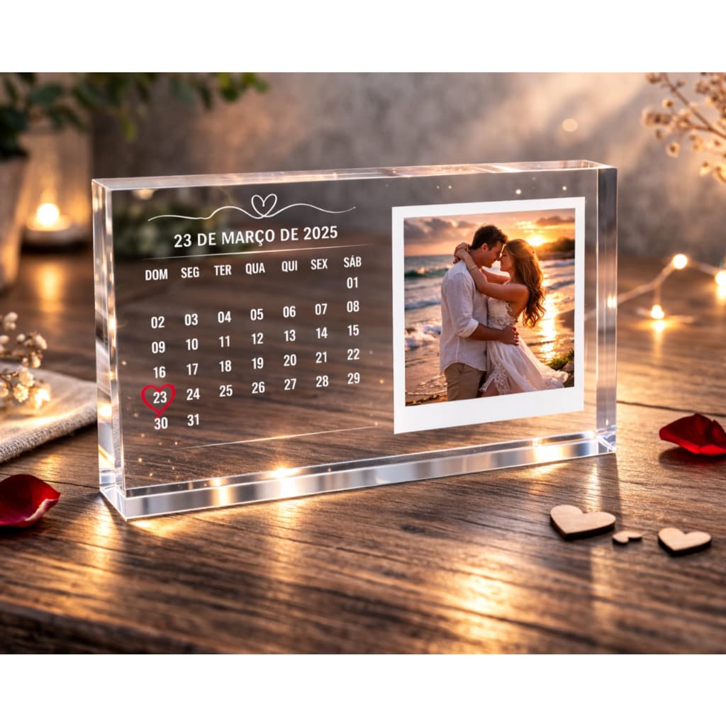 Placa Acrílico Personalizada com Foto do Casal e Calendário – Presente Namorados, Dia dos Namorados