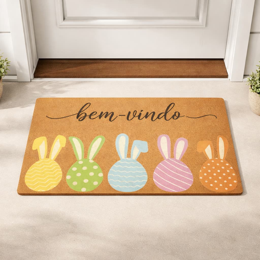 Tapete Porta de Entrada Decoração de Páscoa 55x35 Antiderrapante Bem-Vindo