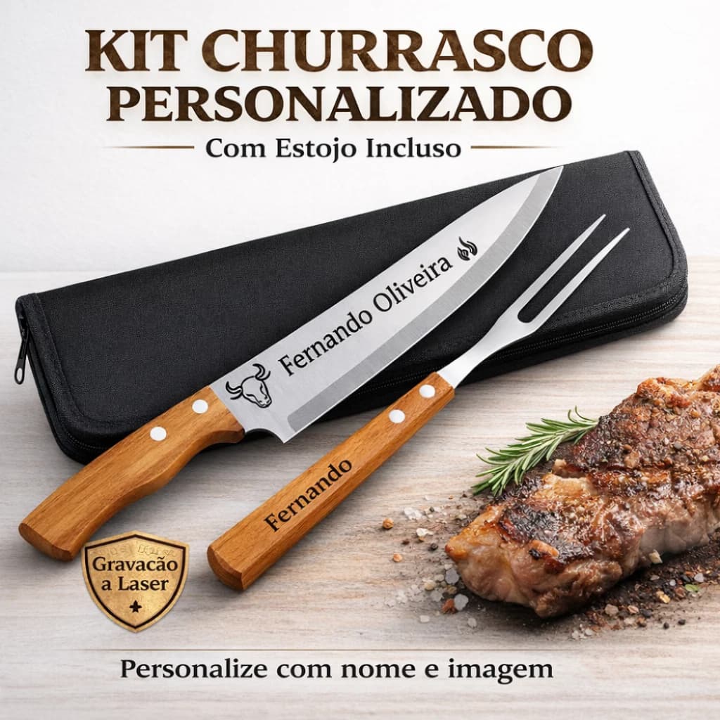Kit Churrasco Personalizado com Estojo 2 Peças | Faca e Garfo Gravados a Laser | Brinde ou Presente Especial