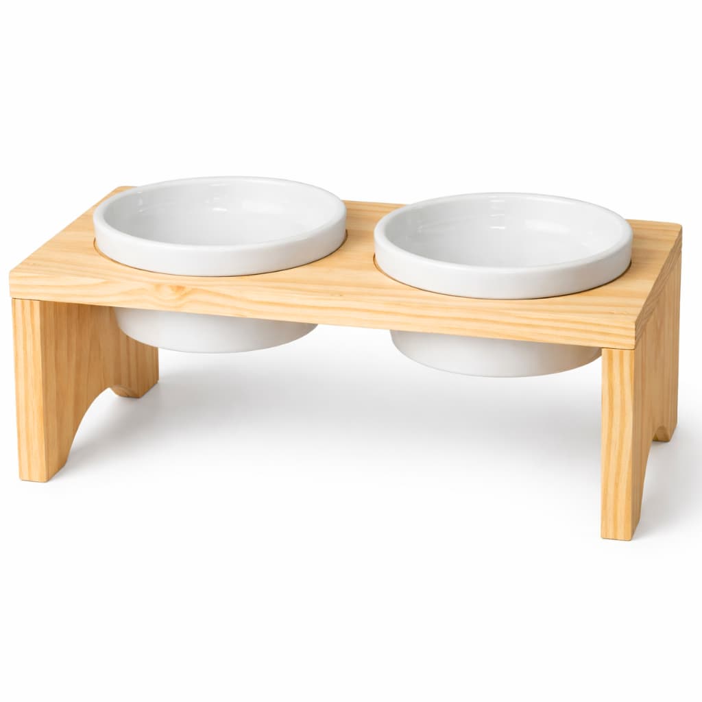 Comedouro Pet Madeira 2 Tigelas Porcelana 210ml Cachorro Gato Elevado Duplo