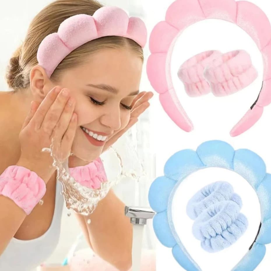 Kit Acessórios de Skincare Spa Feminino - Tiara Nuvem, Faixa de Pulso, Presilha de Flor