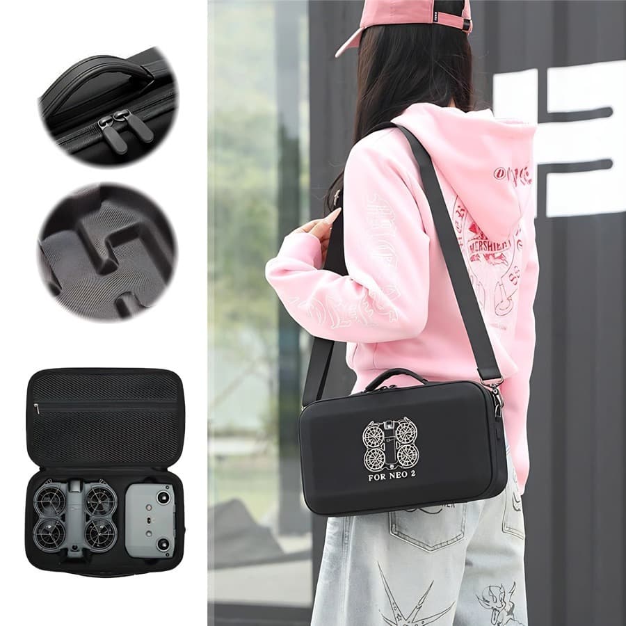 Compatível com a bolsa de armazenamento DJI Neo2, preta, de grande capacidade, resistente a impactos e à prova d'água.