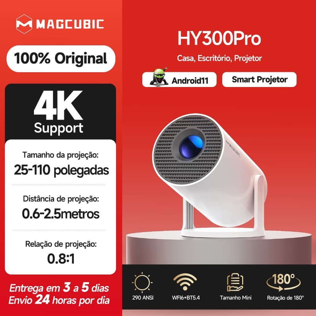 MAGCUBIC Projector HY300 Pro 290ANSI 4K  MIni Size Alto-falante De 5 W Rotação De 180° for Outdoor