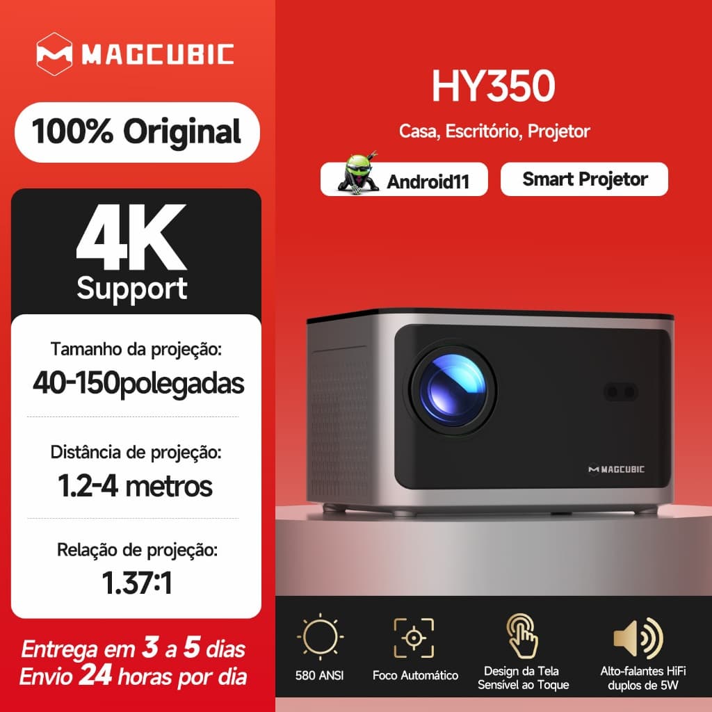 MAGCUBIC Projector HY350 580ANSI 1080P Nativo Android 11 Foco Automático Decodificação 4K Wifi6 2+32GB
