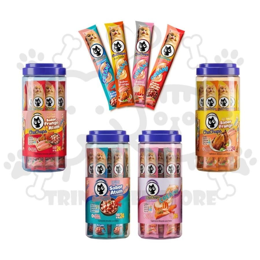 Petisco Para Gatos ChuChups Cream Pote com 24 Tubos de 15g Tipo Churu e Truly
