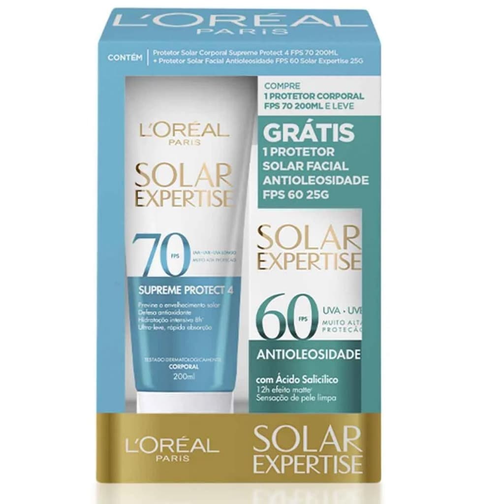 Kit Protetor Solar L'Oréal Expertise Corporal FPS 70 200ml + Facial Antioleosidade FPS 60 25g