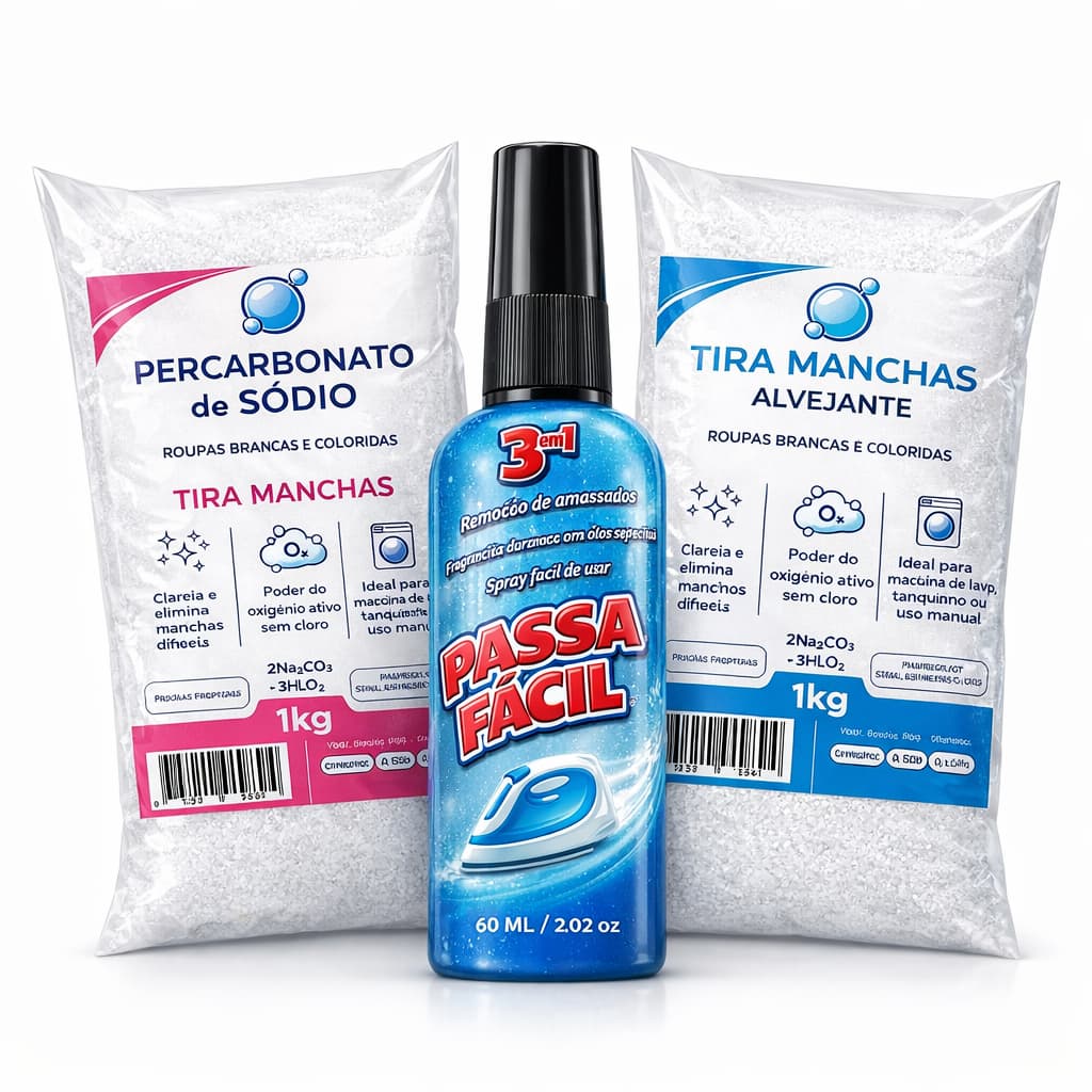 Tira manchas alvejante 1kg + Percarbonato de sódio 1kg + Facilitador Passar Roupas 1Un