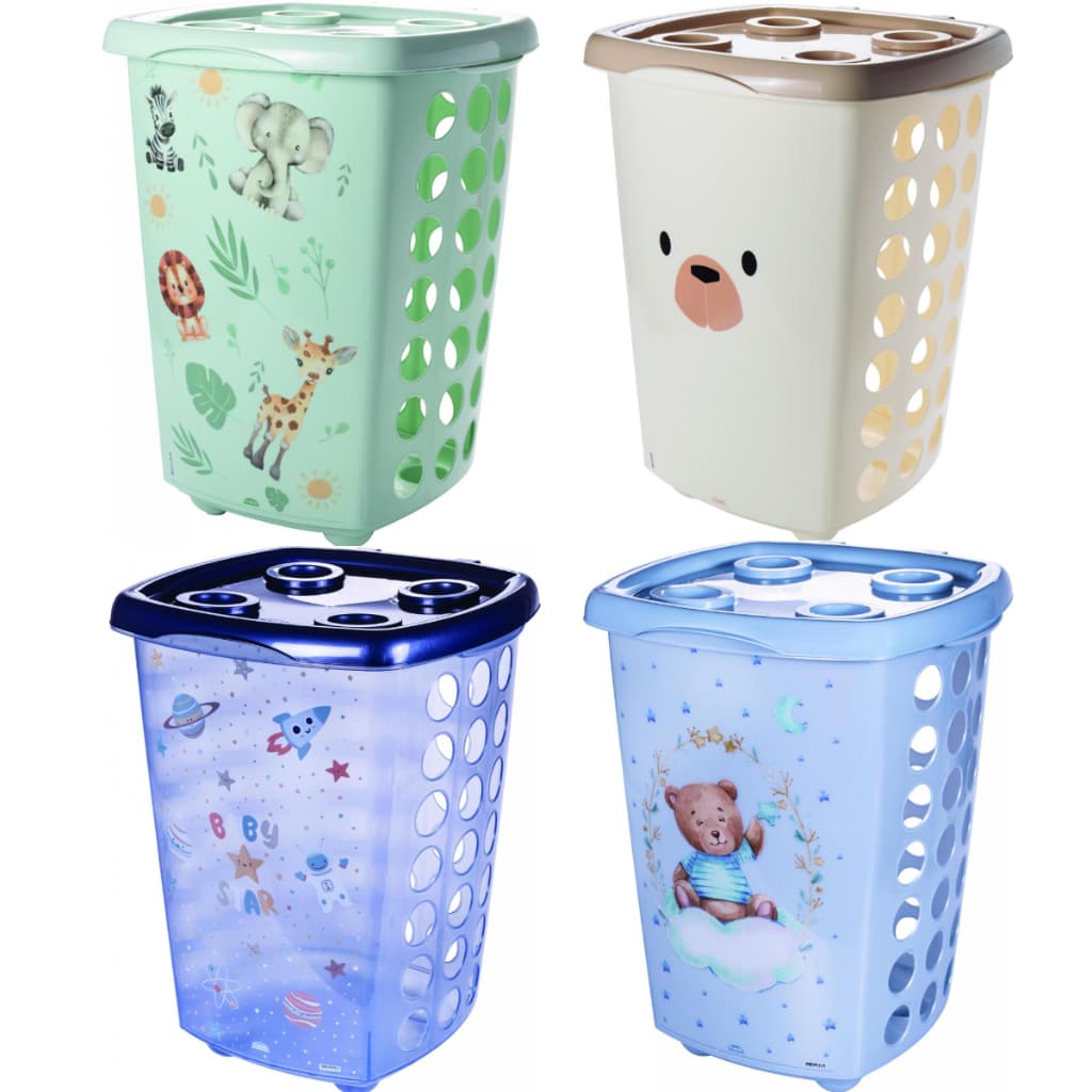 Cesto de Roupa com Tampa 38L Safari, Astronauta, Urso Caramelo e Urso Azul Bebê Menino - Plasútil