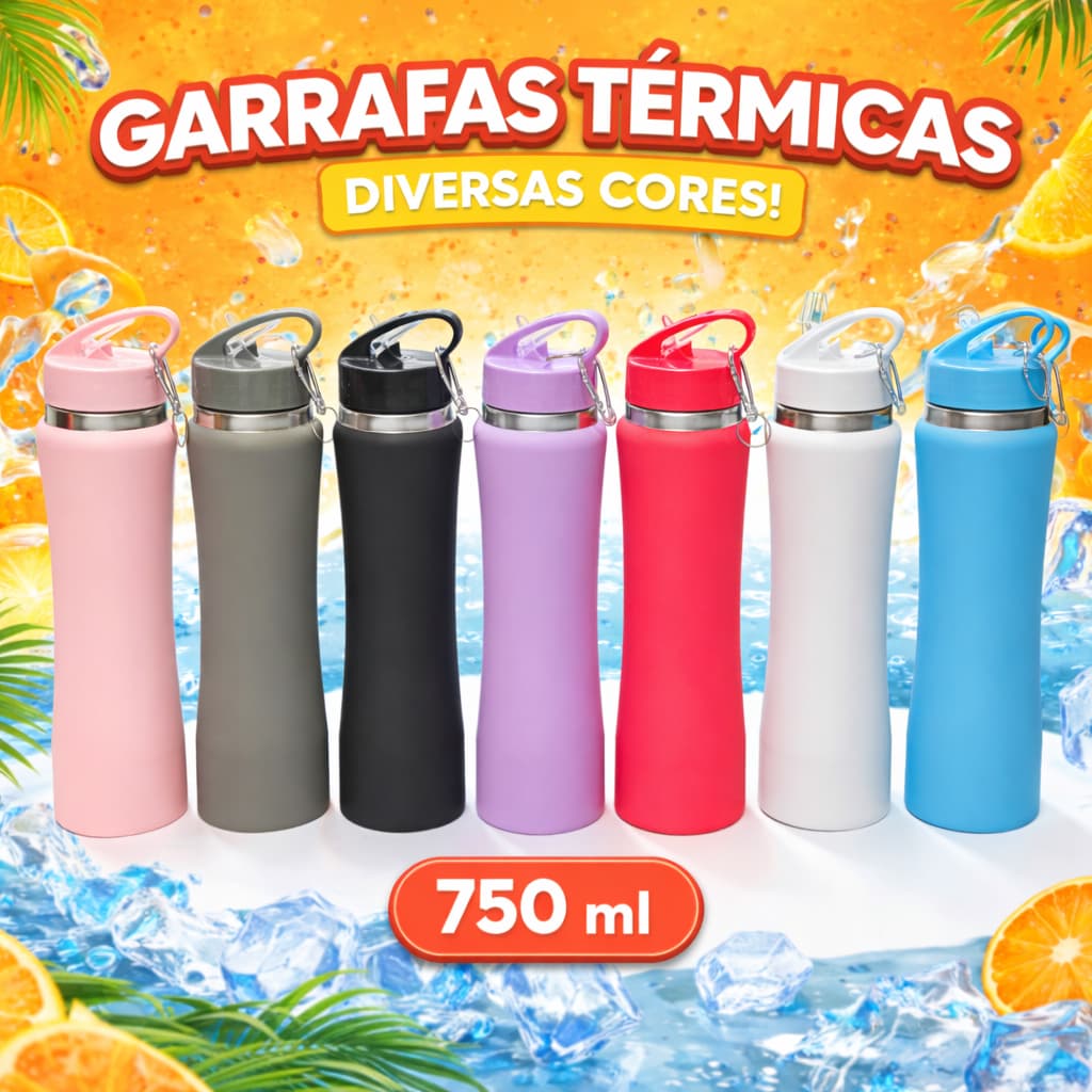 Garrafa Agua Escolar E Academia 750ml Bico Fácil Aço Inox Squeeze Garrafinha Agua Alça de Carregar