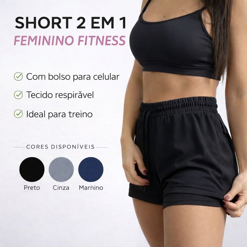 Shorts compressão 2 em 1 Feminino para academia caminhadas e corrida Fitness Bermuda Dry fit