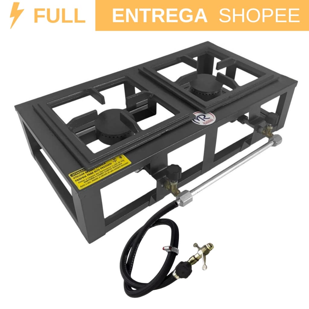 Fogão Industrial de Mesa Alta Pressão 2 bocas Fogareiro para camping ou caminhoneiro + Registro e Mangueira