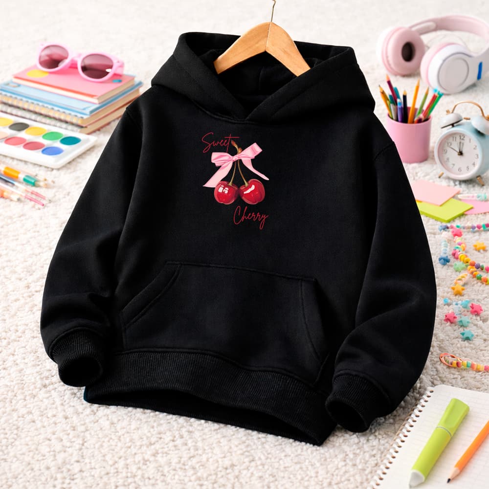 Moletom Infantil Feminino Desenho Cereja Blusa Frio Com Capuz Flanelado
